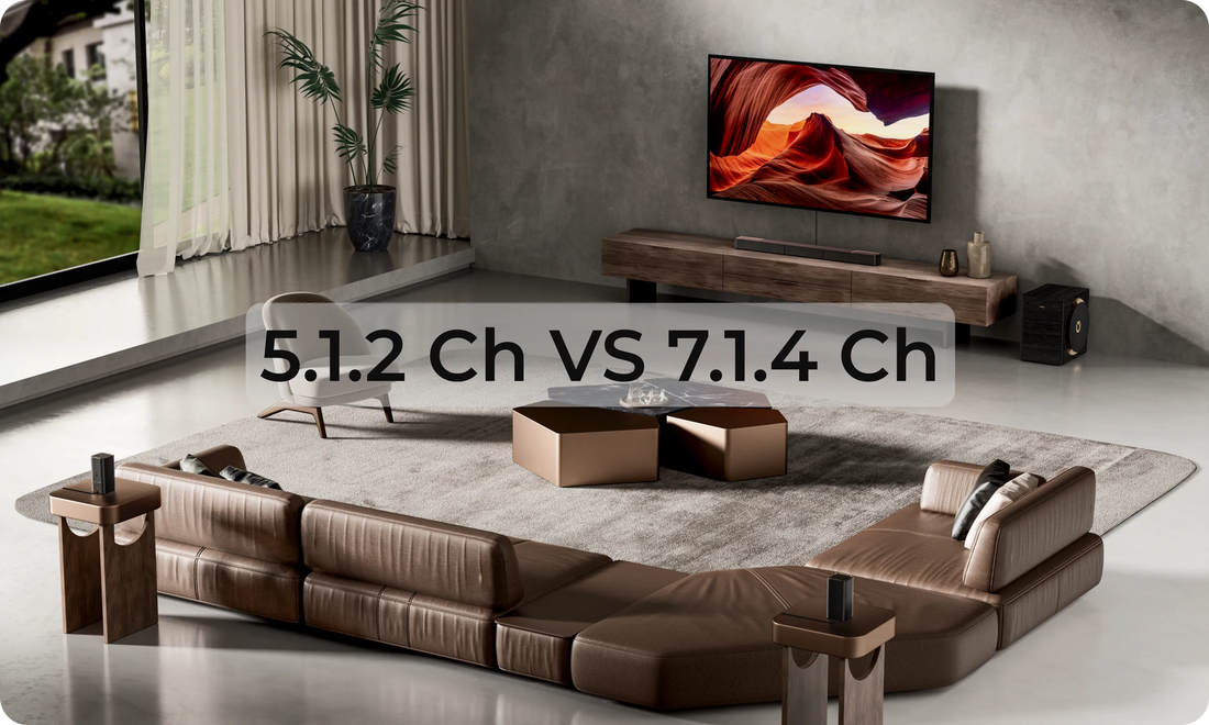 Moderne woonkamer home cinema met een soundbar onder de tv, ideaal om het verschil tussen 5.1.2 en 7.1.4 surround sound systemen te tonen